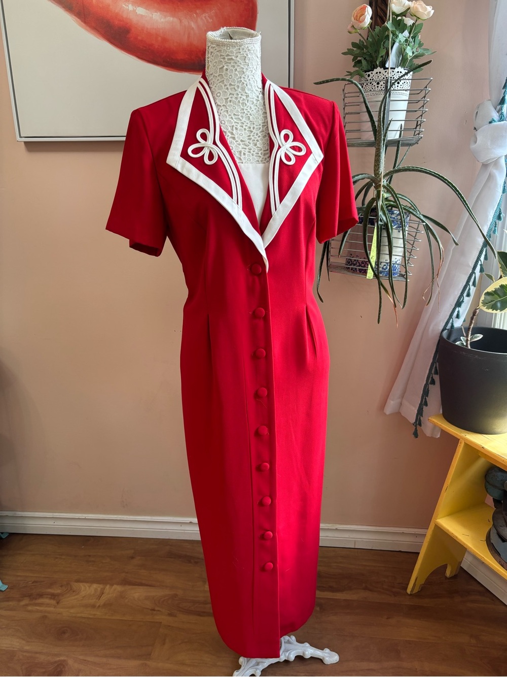 Vintage Red Midi Dress with White Trim - Picture 1 of 10